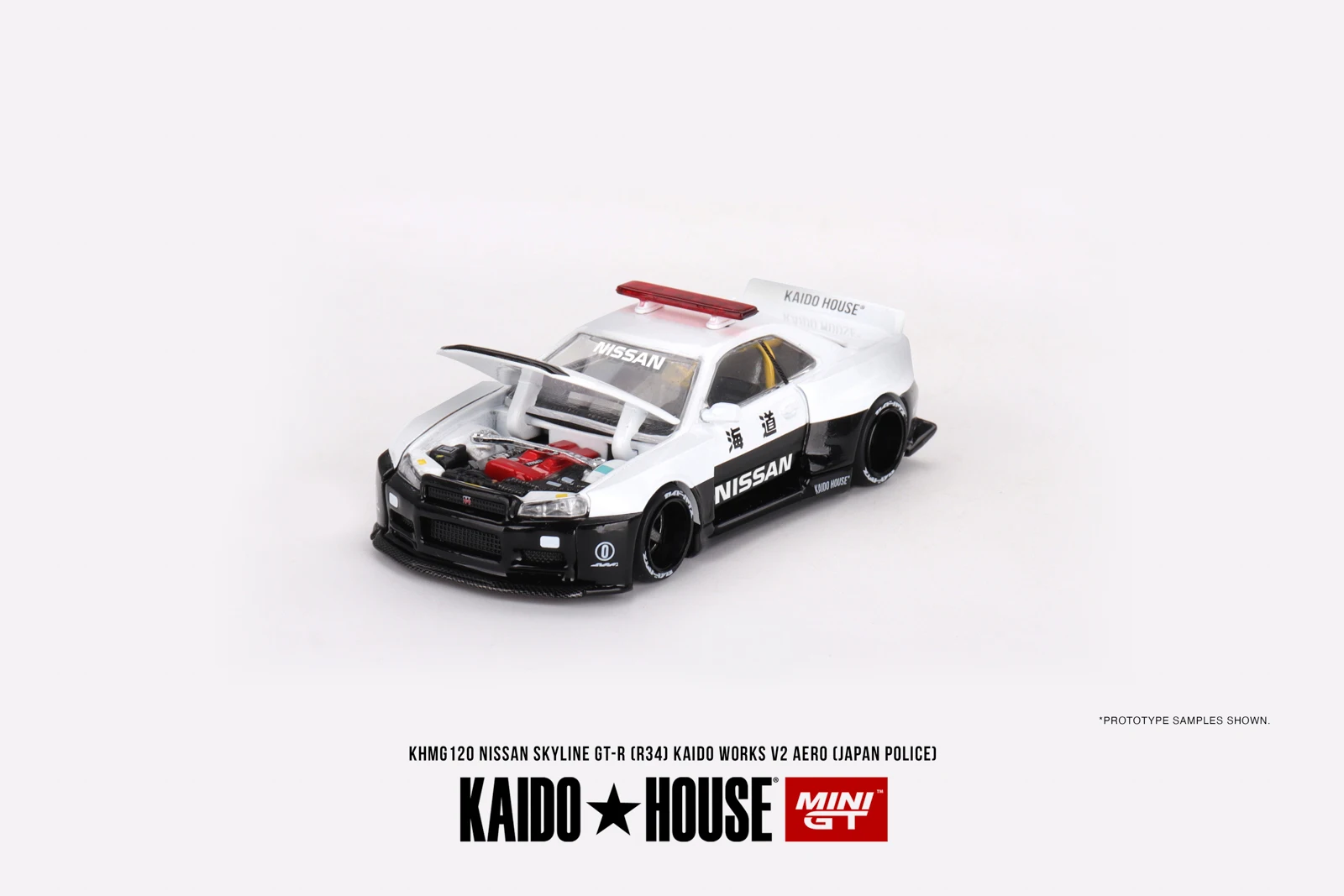 Kaido House+MINIGT Nissan Skyline GT-R R34 Kaido Works (V2 Aero) Police KHMG120 Car Alloy Diecast Model Kids Xmas Toys for Boys