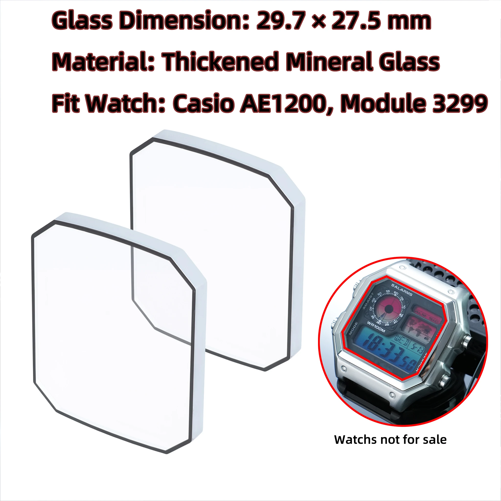 Square Mineral Crystal Glass 29.7x27.5mm, Upgraded Thick Glass Lens With Protective Glass Film For Casio AE-1200 AE-1300 Watch