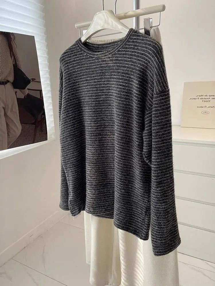 

Женская полосатая толстовка свободного кроя больших размеров (до 300 фунтов), с длинным рукавом, утепленная, для осени и зимы