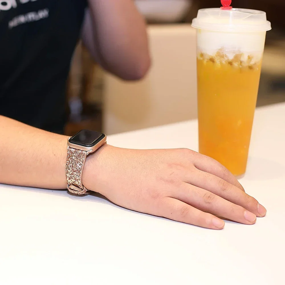 حزام من الجلد لساعة أبل 46-40 ملم للنساء بلينغ دايموند 42 41 ملم 44 45 ملم 49 ملم حزام لامع سلسلة IWatch 10 9 8 7 6 5 4 3