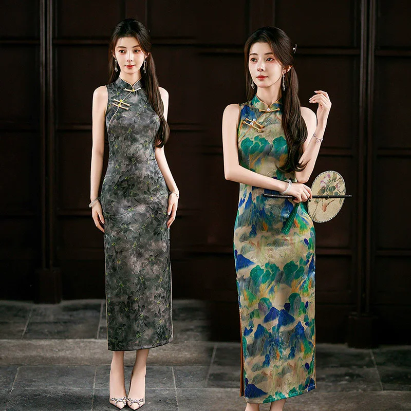 

Фиолетовый новый китайский длинный Cheongsam, улучшение для молодых женщин, новинка 2023 года, ретро, облегающий талию, с короткими рукавами, Ципао