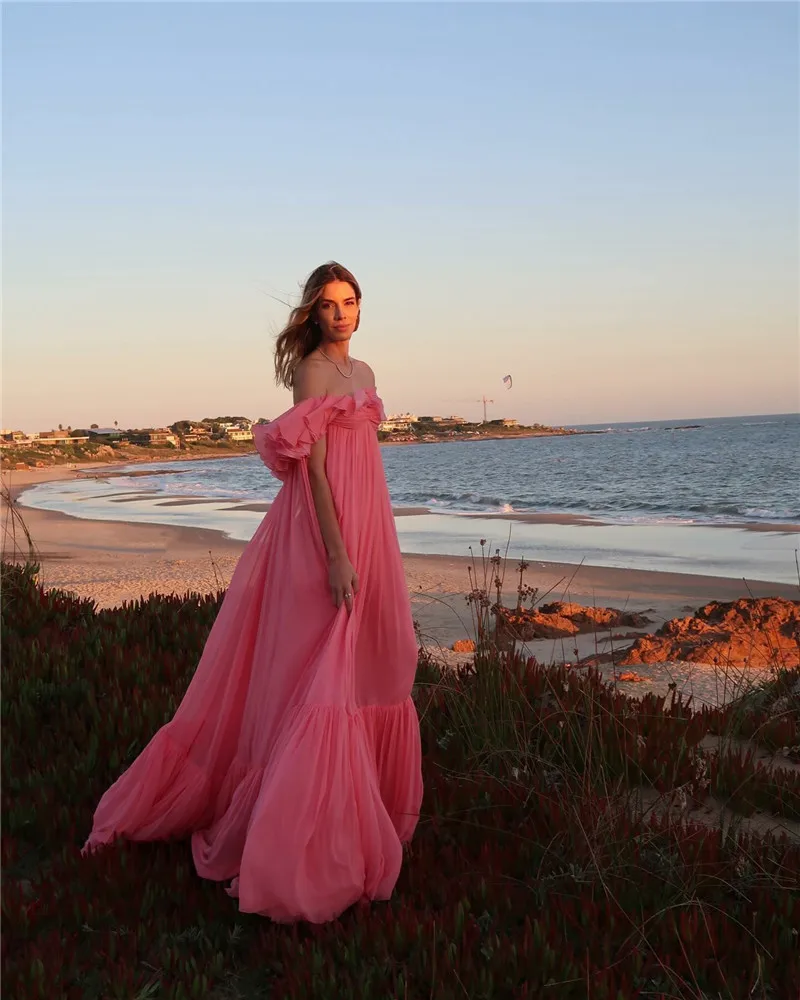 Smileven Pink Prom Dress A Line Beach Party Gowns Side Split Formal Evening Dress 2024