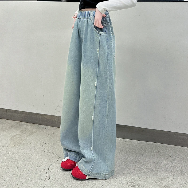 حار بيع الاطفال الخريف واسعة الساق الجينز مع اللؤلؤ لفتاة التوأم أزياء الشارع الأزرق الدنيم السراويل الأطفال جينز غير رسمي السراويل #2