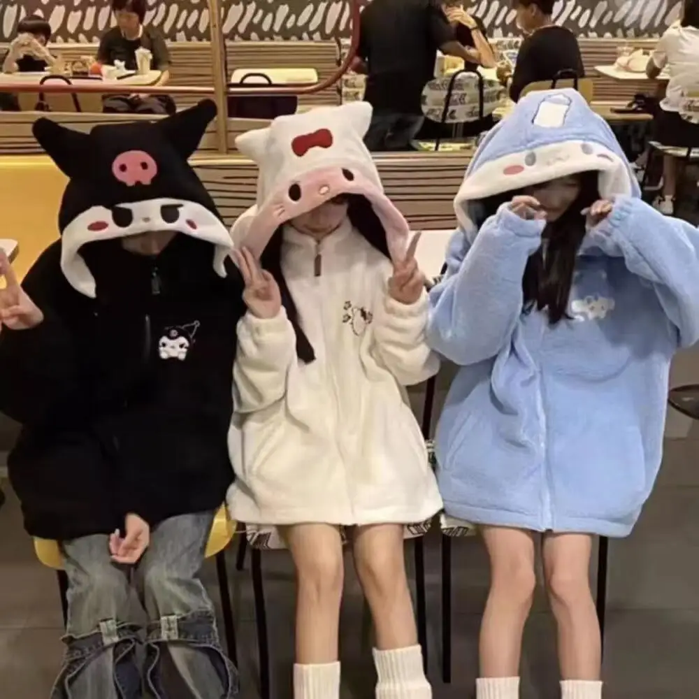 

Cartoon Winter Thickened Plush Jacket Cinnamoroll Hello Kitty Kuromi Women Warm Coat Anime Kawaii Girls Cute Cotton Clothes Tops