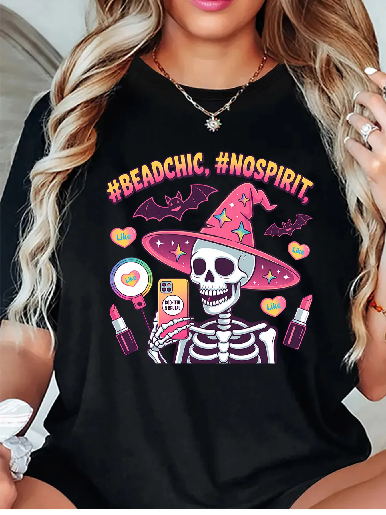 Glam Skeleton Witch Hat Selfie Makeup Bat Halloween Graphic Womens T Shirt Short Sleeve Crew Neck Casual Ladies Tee Tops