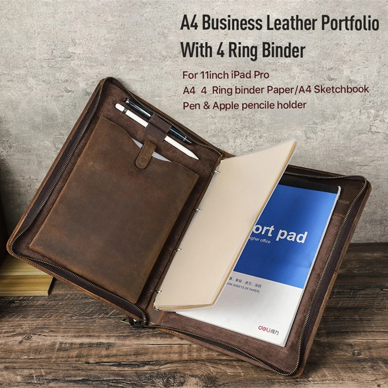 A4 Notebook Cover Pen & Apple Pencile Holder For 11inch iPad Pro Multi-functional Genuine Leather A4 Business Leather Portfolio