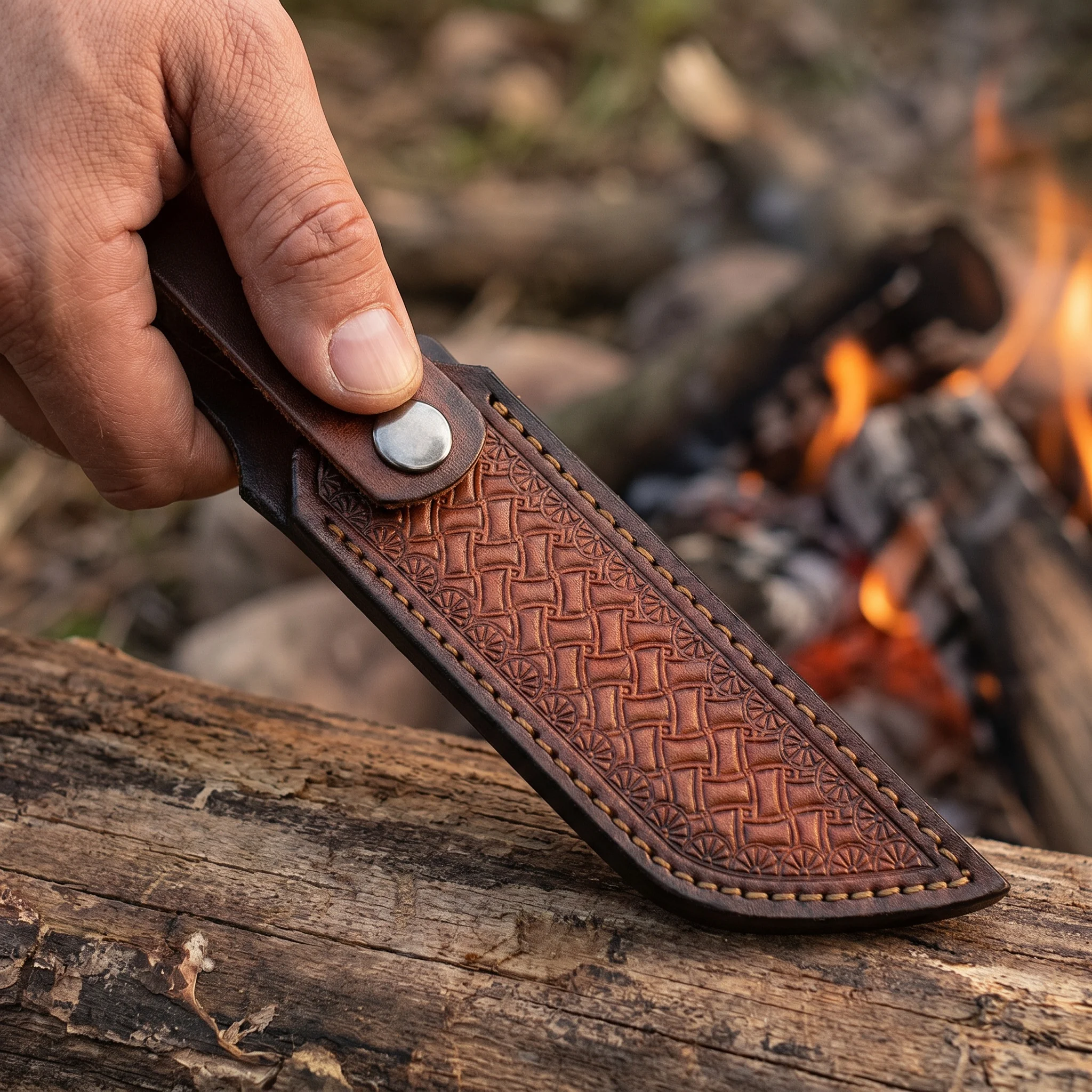 Brown Hand-embossed Leather Fixed Knife Sheath Durable Cowhide Knife Sheath Belt Carry Knife for Knife Collectors Outdoor Tool view 5