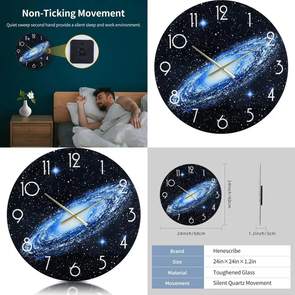 

24in Glass Wall Clocks for Living Room Decor, Decorative Wall Clocks Battery Operated, Silent Kitchen Clocks, Wall Clock for Bed