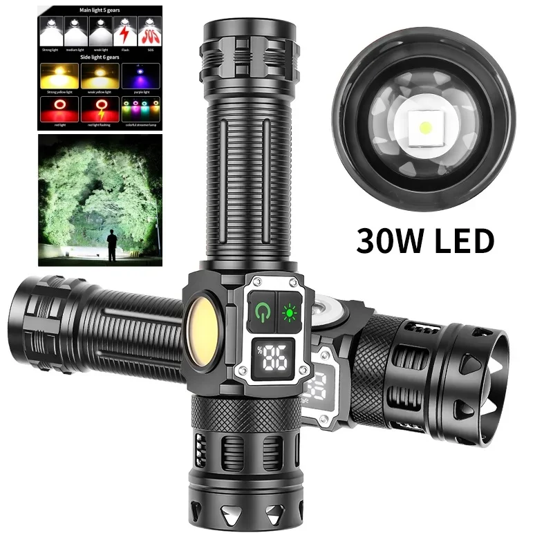 1566 Aluminum Alloy 30W LED Type-C USB Charging Multi-Source Side Light 5000LM 3000 Meter Tactical Flashlight Outdoor Camping