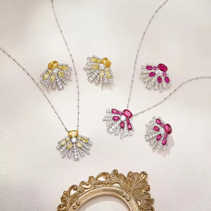 Europe America Style Earrings Necklace Women Lady Inlay Pink Red Yellow Cubic Zircon Firework Shape Pendant Jewelry Sets