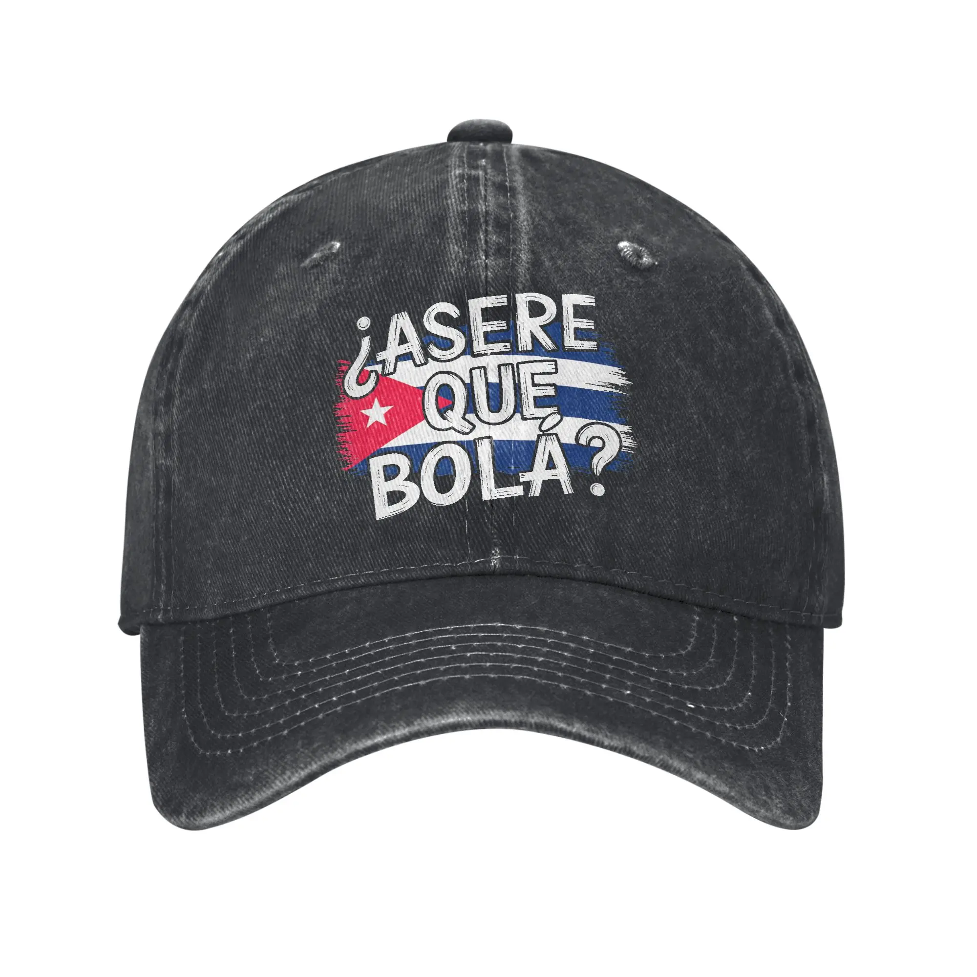 Boné de Beisebol Unissex de Denim Desgastado com Estampa Clássica e Divertida de Saudação Cubana 'Asere Que Bola', Boné de Sol com Bandeira para Atividades ao Ar Livre, Corrida e Golfe, Boné Macio