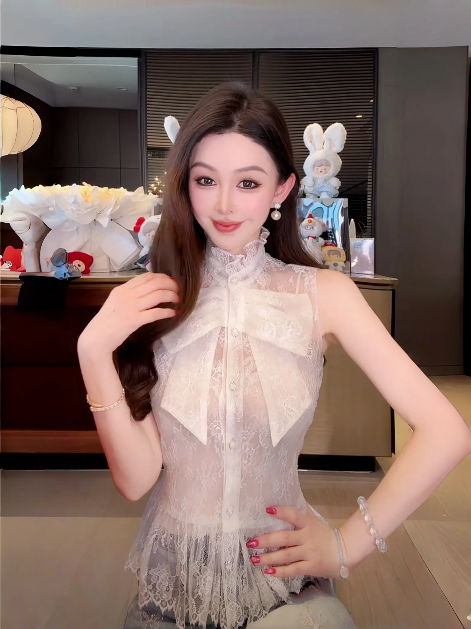 

Рубашка Pureemotion White Magnolia Romantis с объемным бантом и листьями, воротником-стойкой, для женщин, повседневный стиль, свободный крой