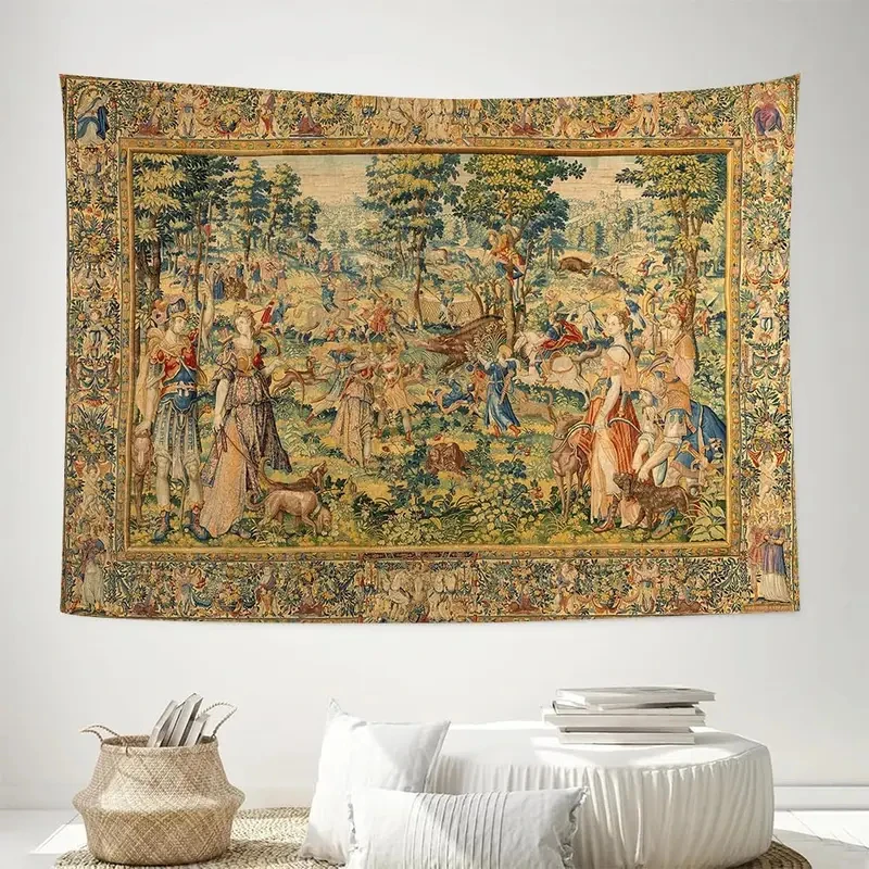 VIKAMA Medieval Tapestry, Vintage Renaissance Hunting Scene Print Wall Hanging for Bedroom Dorm Living Room Home Decor