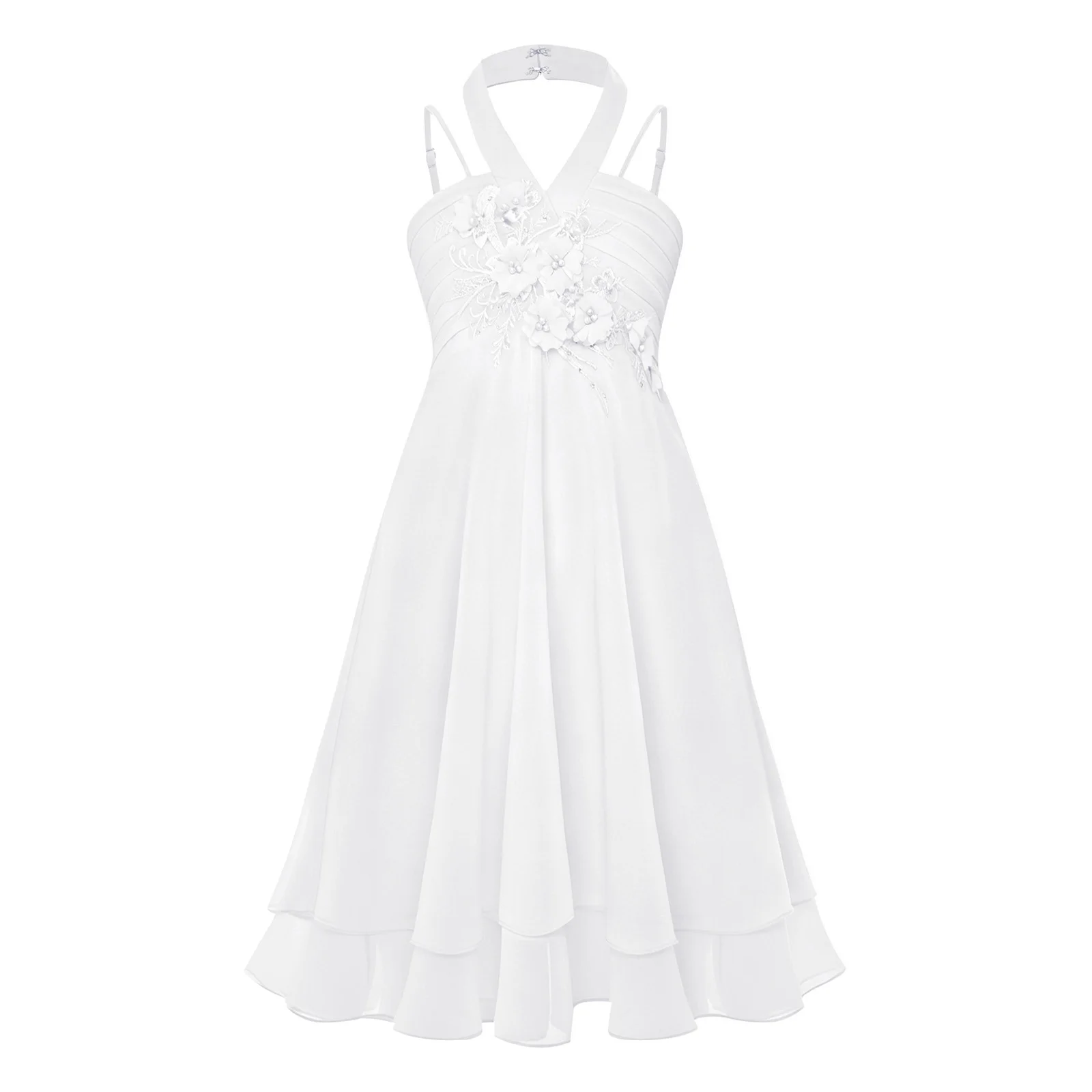 Kids Girls Elegant Sweet Party Dress Embroidery Applique Pleated Bodice Tiered Chiffon Gown for Wedding Birthday Pageant Prom