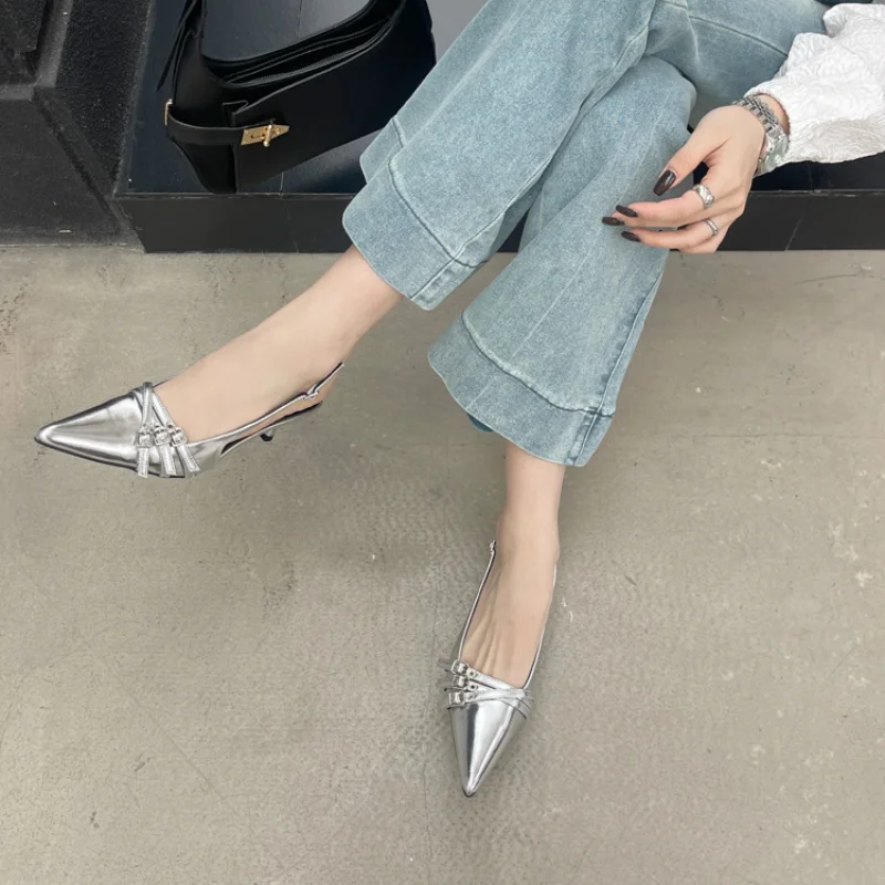 Slingbacks Pumps New Ladies Medium Heels Shoes Female Shallow Fashion Pointed Toe Footwear Women Heeled Shoes Wine Red 2024