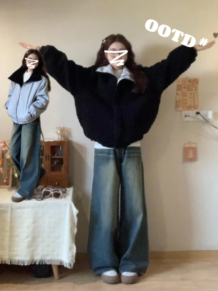 

Пальто женское из полиэфирного волокна с воротником из овечьей шерсти, двустороннее, осенне-зимнее, новый дизайн, свободный крой, стильное