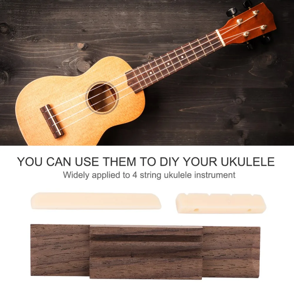​Rosewood Ukulele Bridge Set​ ​Height Adjustable Saddle Easy to install ​Ukulele Saddle​ ​Plastic Nut​ ​Rosewood Bridge Nut​