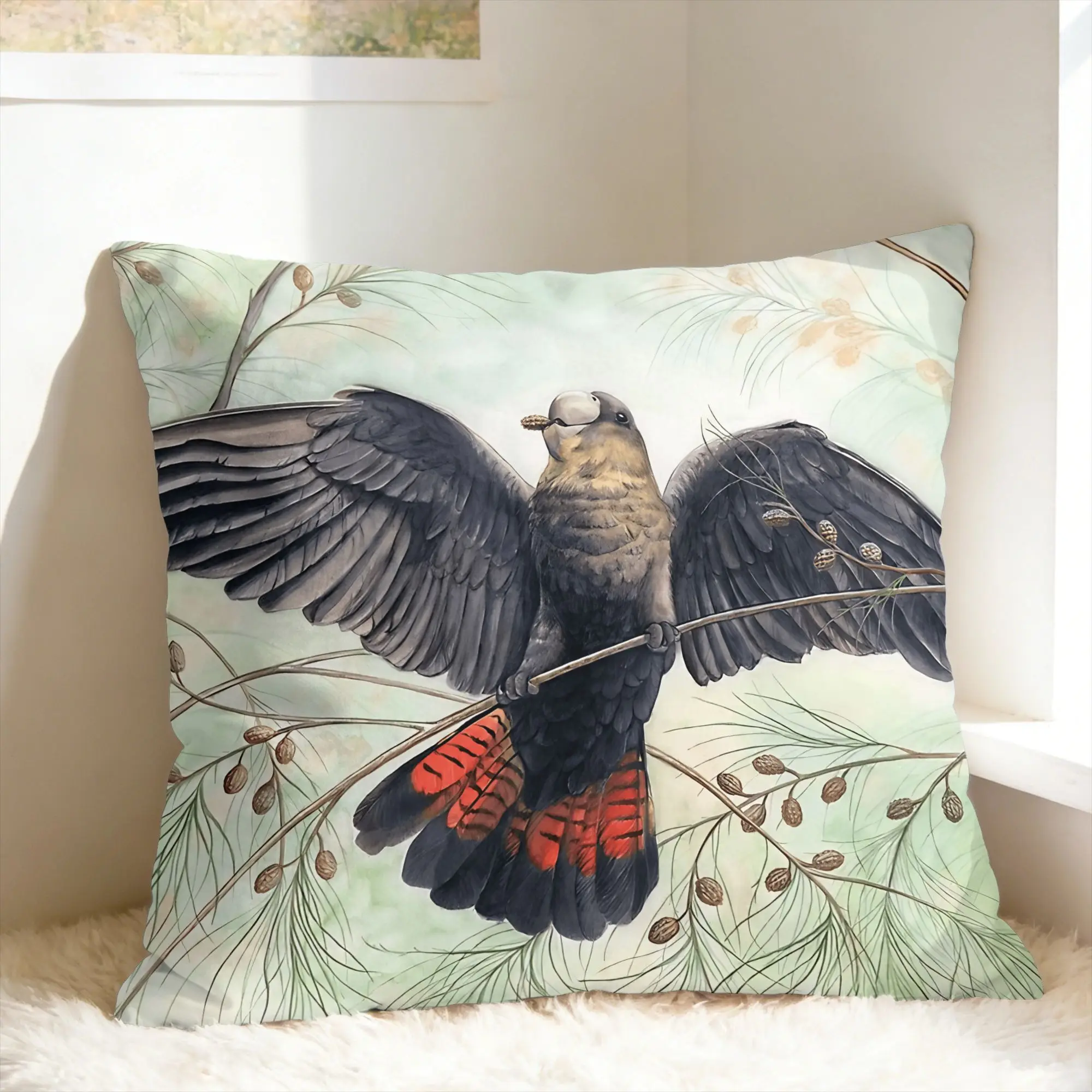 Pillow Cover Australian Red-Tailed Black Cockatoo  Retro Trendy Pillow Case For Chair Sofa Home Decor Pillowcases
