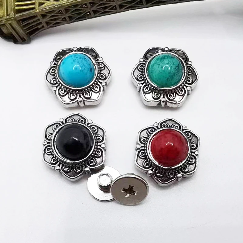 5 Set 14mm Antique Silver Western Flower Star Light Turquoise Conchos Stud For Leathercraft Belt Bag Hatband Bracelet Decor