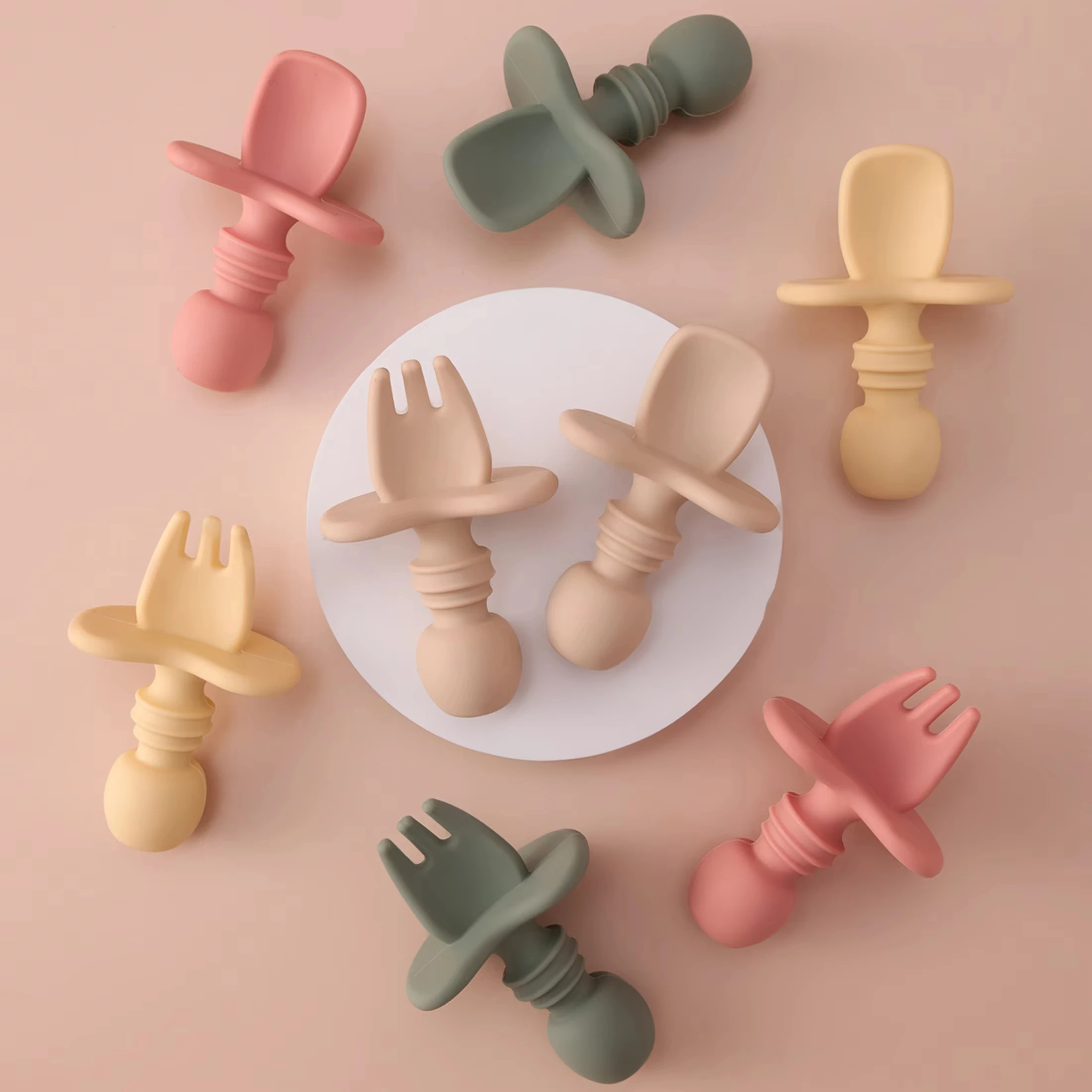 

Color Kids 2PCS Silicone Baby Tableware Set Soft Fork Spoon BPA Free Portable Mini Feeding Utensils Spork Training Fork Spoon