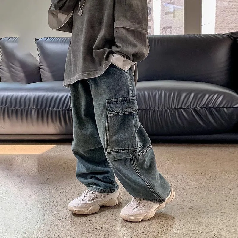 Kinder Jungen Jeans Frühling Herbst Kinder Baby Jungen Denim Hose Seitentaschen Kleinkind Jungen Lose Gerade Hose Streetwear Jungenhosen – Detail 2