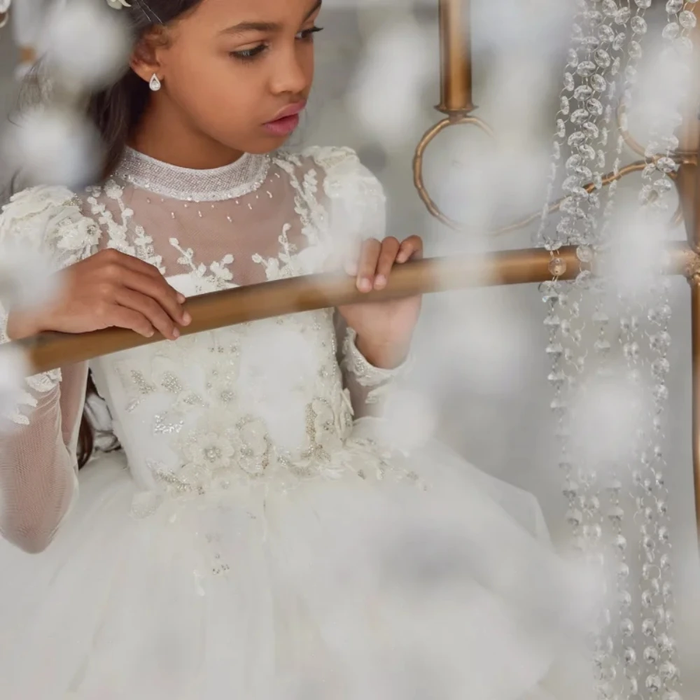 Vestidos de flores para niña, tul blanco hinchado, apliques escalonados, manga larga para boda, fiesta de cumpleaños, banquete, vestidos de primera comunión