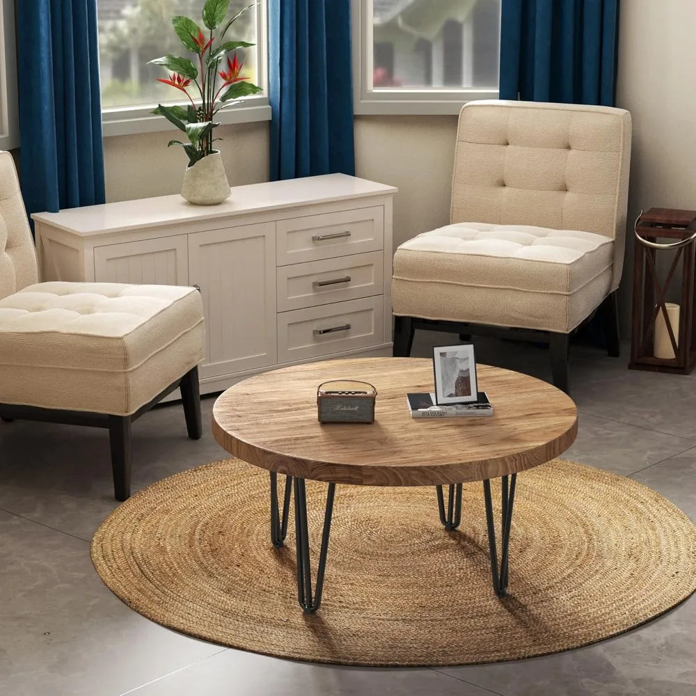 Farmhouse Style Round Elm Wood Coffee Table with Metal Legs and Anti-Slip Pads for Living Room