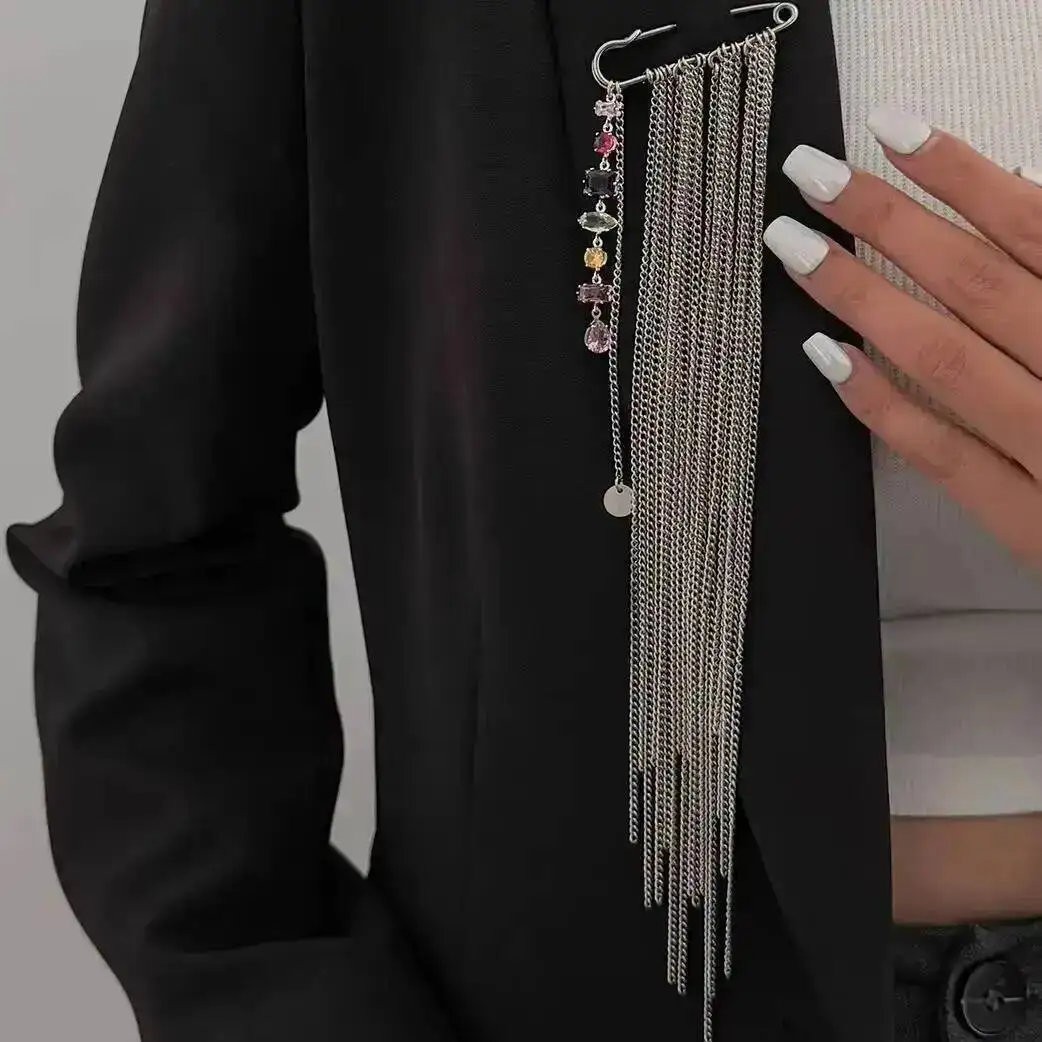 

KunJoe New Multi-Functional Acrylic Rhinestone Pendant Brooch Handmade Adjustable Clothes Accessory Tassel Chain Suit Pins Women