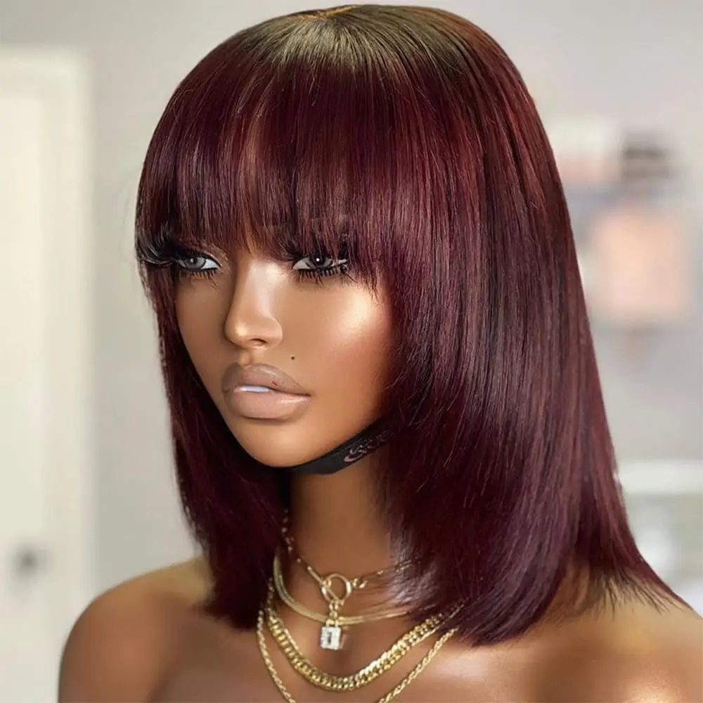 Burgundy Bob Wig Human Hair With Bangs 99J Short Straight Bob Human Hair Wigs For Women 180% Density Brazilian Virgin Human