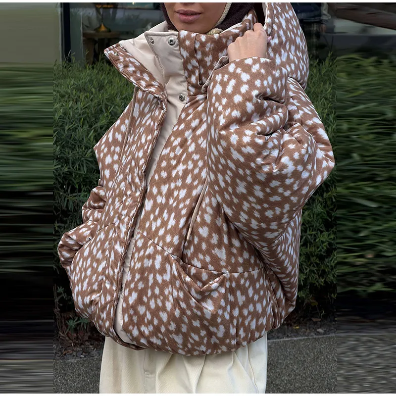 Reversible Spot Printed Women's Winter Jacket Hooded Full Sleeve Loose Cropped Padded Coats New Casual Warm Outwear 2026
