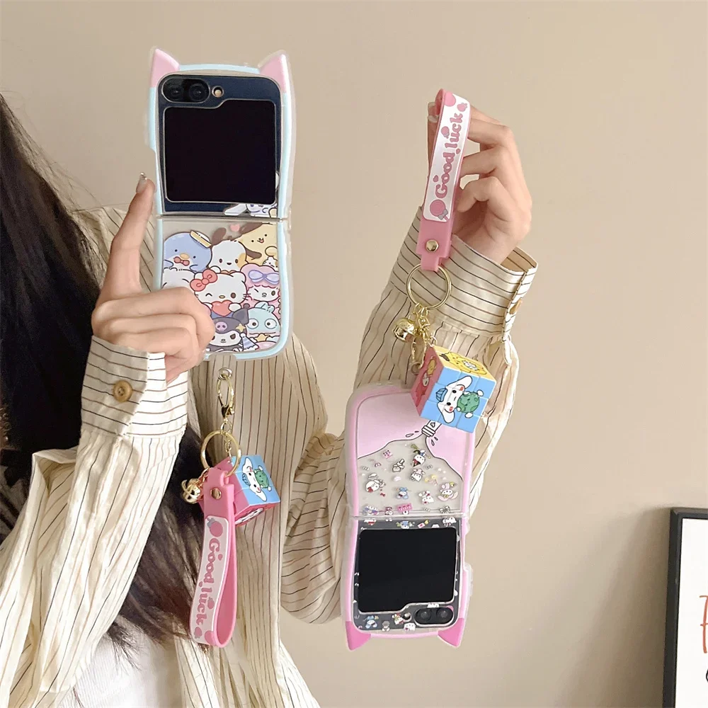 Drift Bottle Hello Kitty 3D Cat Ear with Lanyard Phone Case for Samsung Galaxy Z Flip 3 4 5 6 5G PC Hard Anti-drop Back Cover