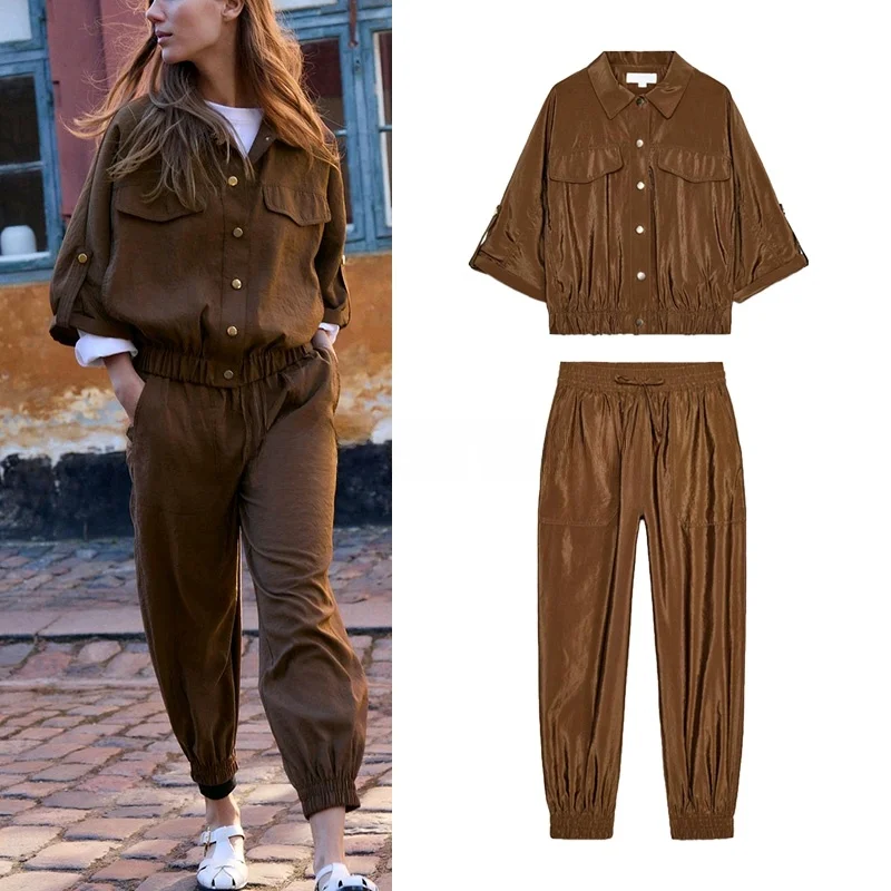 

Casual Metal Feeling ort Sve irt And Long Pants Two Piece Set Simple Sle Trousers Cuff Closure for Women Spring Faion