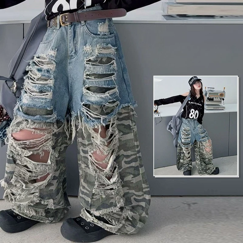 Summer Teen Girls Big Holes Spliced Camouflage Jeans 4-14 Junior Hip Hop Jazz Street Dance Kids Wide-leg Pants Children Trousers