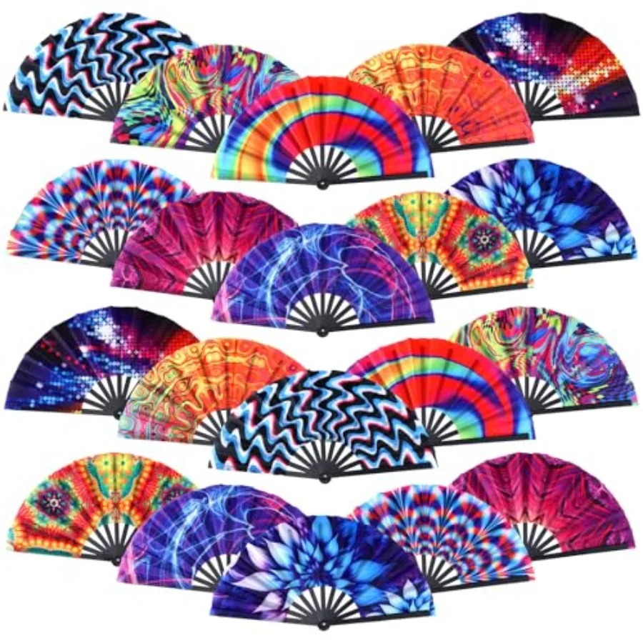 

20 Pcs Rave Fans Bulk Large Folding Hand Fans with Plastic Ribs for Men Women, Chinese Japanese Rainbow Handheld with Fabric Ca