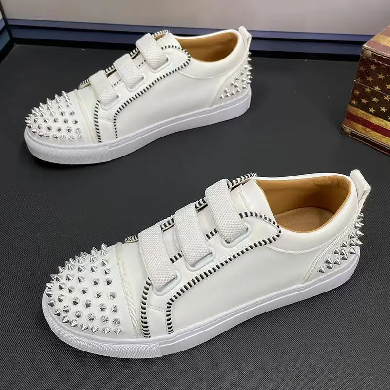 mens casual genuine leather rivet shoes punk rock dresses black white flats shoe personality sneakers brand designer footwear