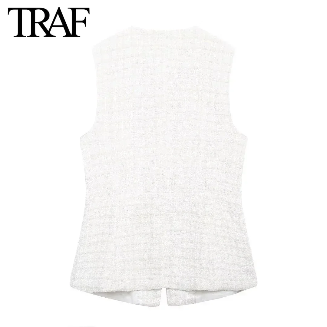 TRAF Women Fashion New Round Neck Double Breasted Texture Long Vest Sleeveless Jacket Chic Female Waistcoat Jackets Mujer