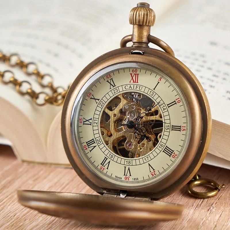 مجموعة تذكارية مزدوجة مفتوحة، معدن عتيق من النحاس النقي، ساعة جيب ميكانيكية يدوية الصنع عتيقة #5