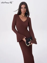 Mnealways18 V-Neck Ribbed Knitted Long Dresses Flare Sleeves Womens Lace-Up Midi Dress Solid Office Ladies Knitting Dress 2024