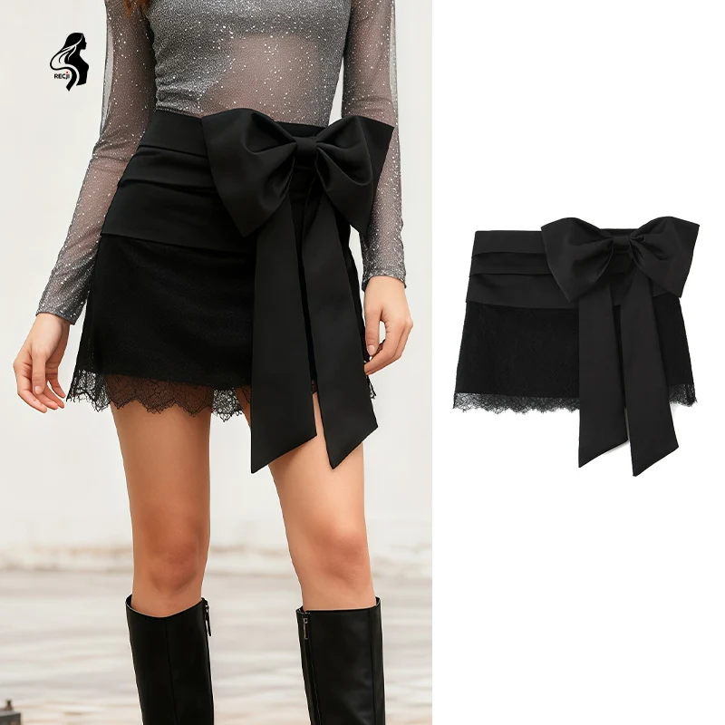 

Womens Mini Skirt With Bow Decoration Patchwork Lace Fashionable Short Skirt Elegant Party And Date Outfit Trafizaran