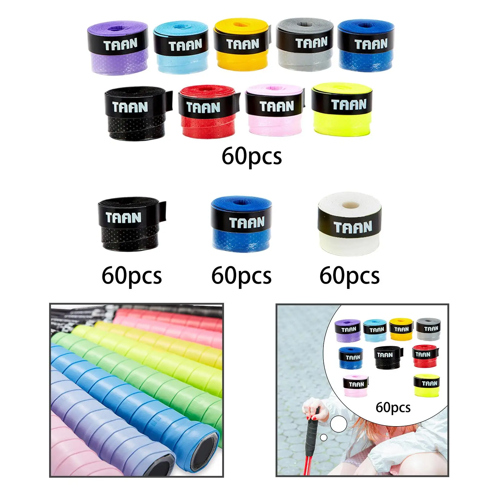 Non Slip Badminton Grip Wraps 60 Pieces PU Tennis Racquet Grip Tabs Comfortable Sweat Absorbent over Grip for Pickleball Paddles