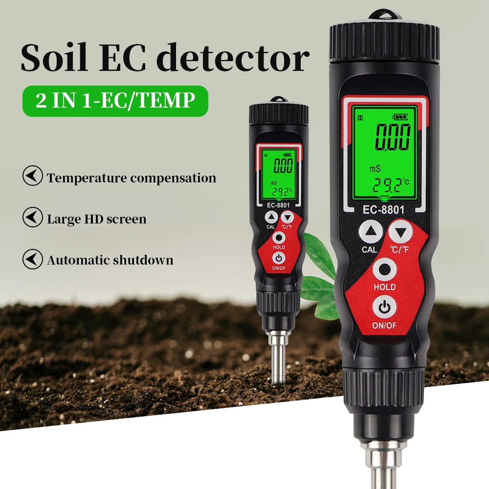 High Precision Soil Tester 0.00-10.00mS/cm EC Meter LCD Digital EC/TEMP 2 In 1 Soil Detector ATC Temp Detection for Garden Farm