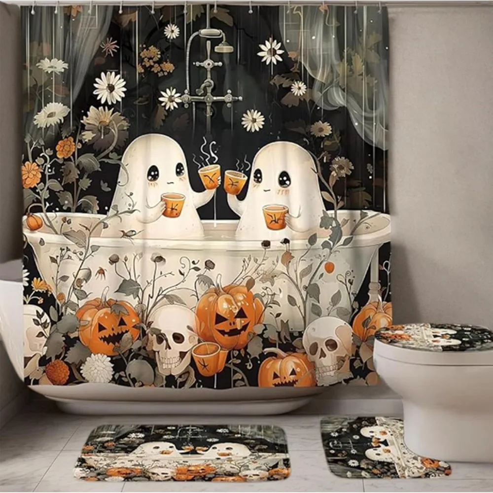 1/4PCS Halloween Ghost Pumpkin Skull Shower Curtain Set with Non-Slip Rugs Toilet Lid Cover and Bath Mat Washable Trick or Treat