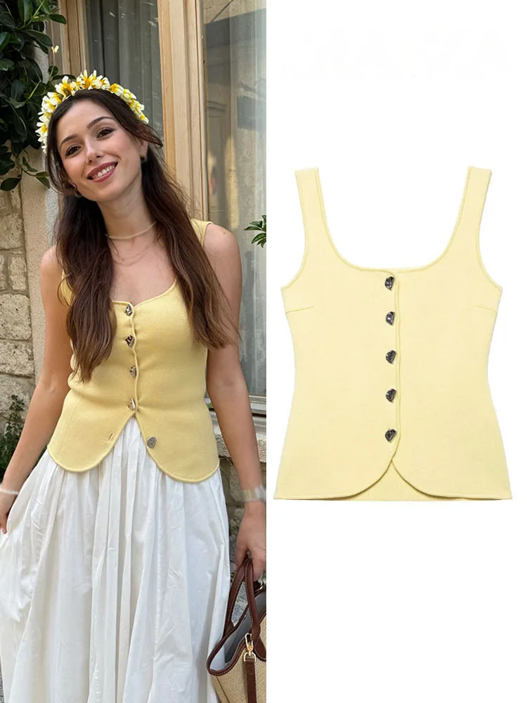 

HH Women Sleeveless Top Spring Simple Solid Round Neck Single-Breasted Decoration Elastic Waist Short Shoulder Strap Top