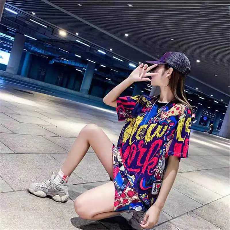 Women Hip Hop Long T Shirt Mesh Breathable Loose New York Letter Printed Pullovers Short Sleeve Tee Dress Streetwear