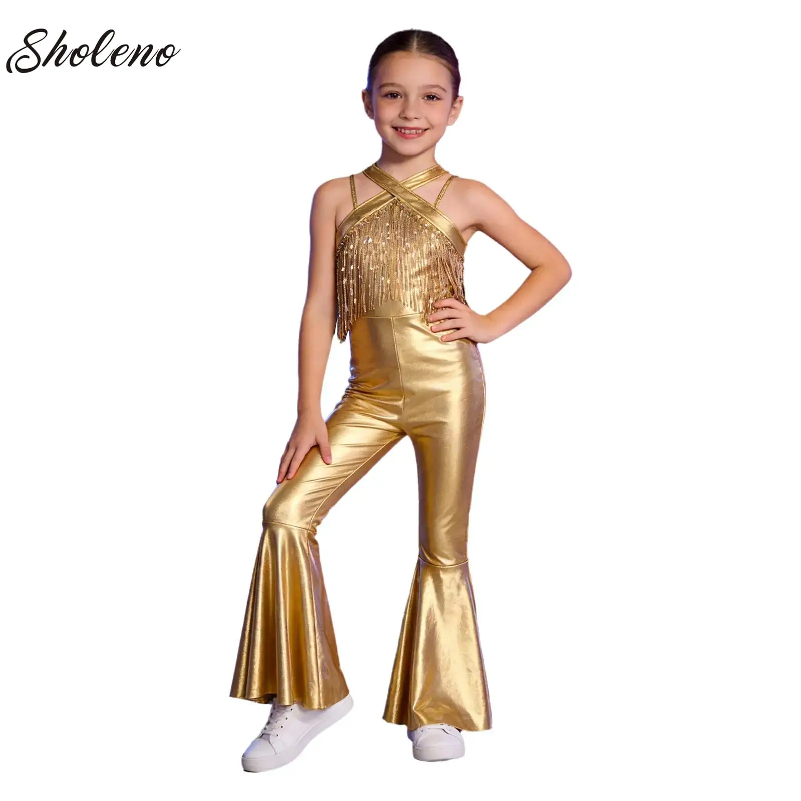 

Big Girls Sleeveless Sequins Tassels Jazz Dance Flared Jumpsuit Halloween Carnival Party Retro 70s Disco Hippie Cowgirl Costume