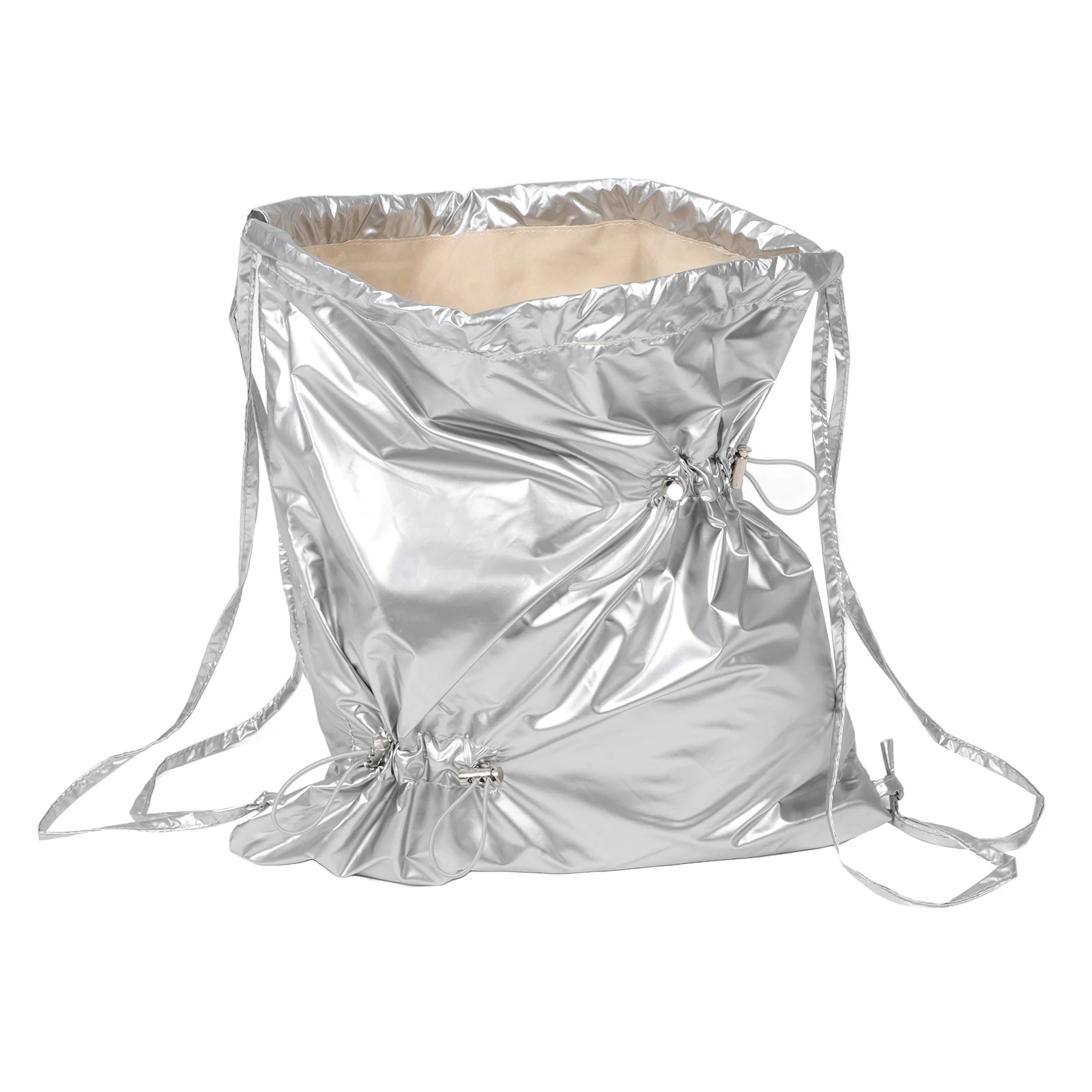 Large Capacity Shiny Nylon Backpack Drawstring Closure Pleated Style for Men Women Travel Outdoor Sports Comfortable Double