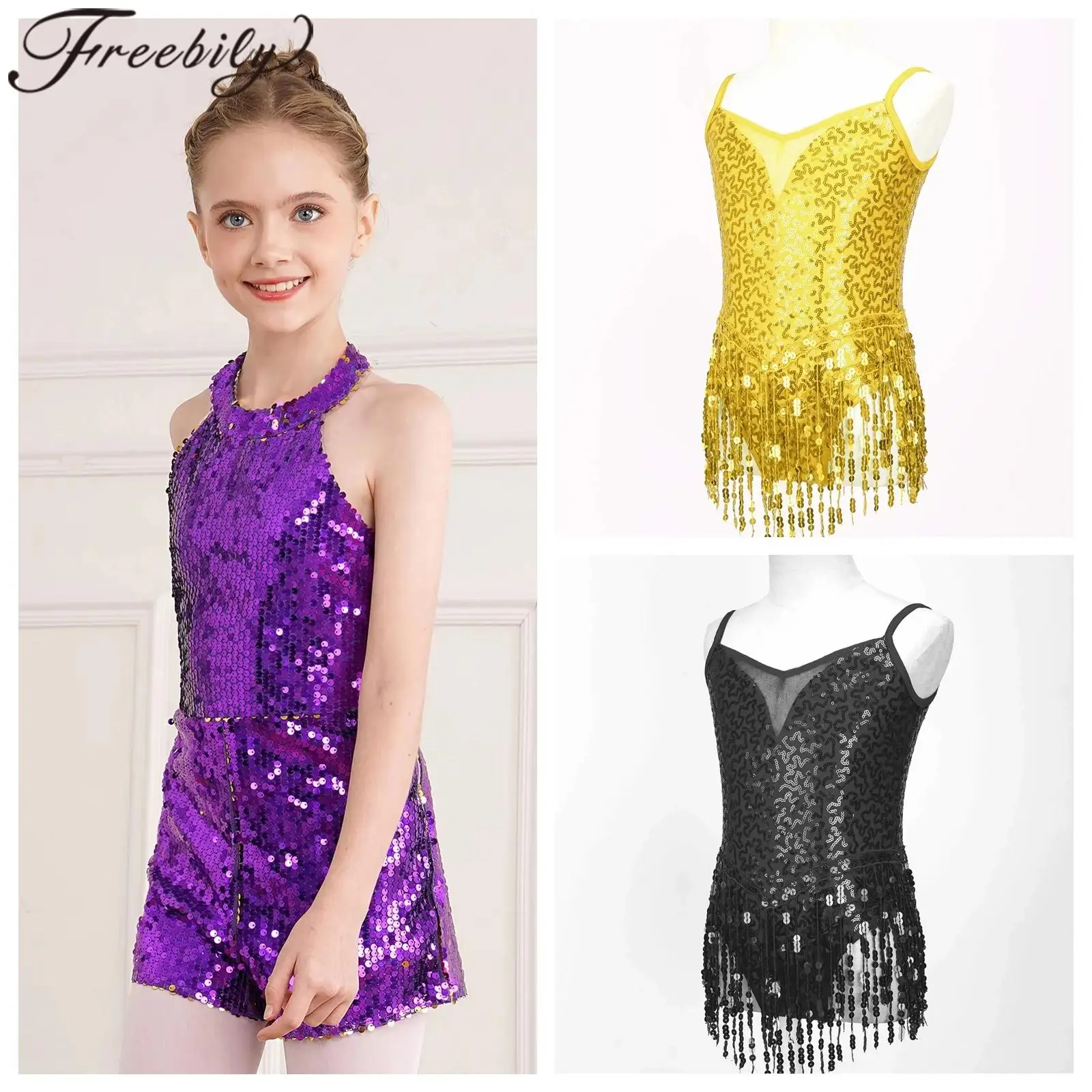 

Kids Shorty Unitards Tassel Leotard Bodysuit Girls Latin Dance Costume Streetwear Chacha Sequins Jumpsuit Performance Dancewear