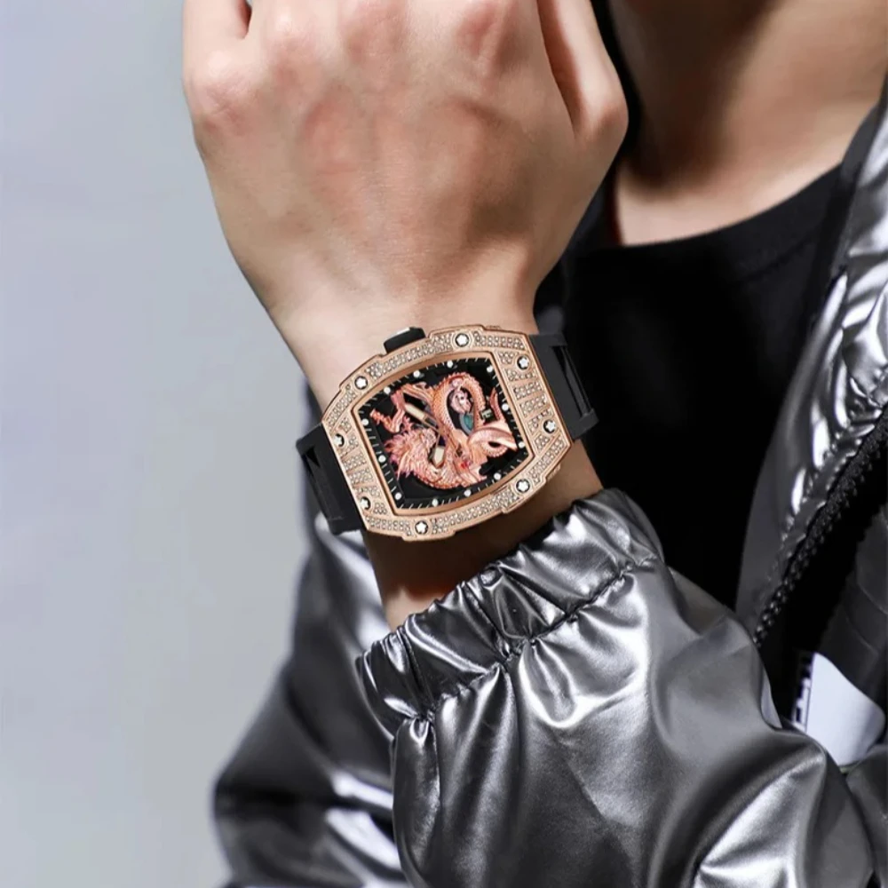 Dragon Fashion Tonneau shaped engraved dial Quartz Watch Men Luxury Luminous Waterproof Date Sport Watches Men Steel Men Clock