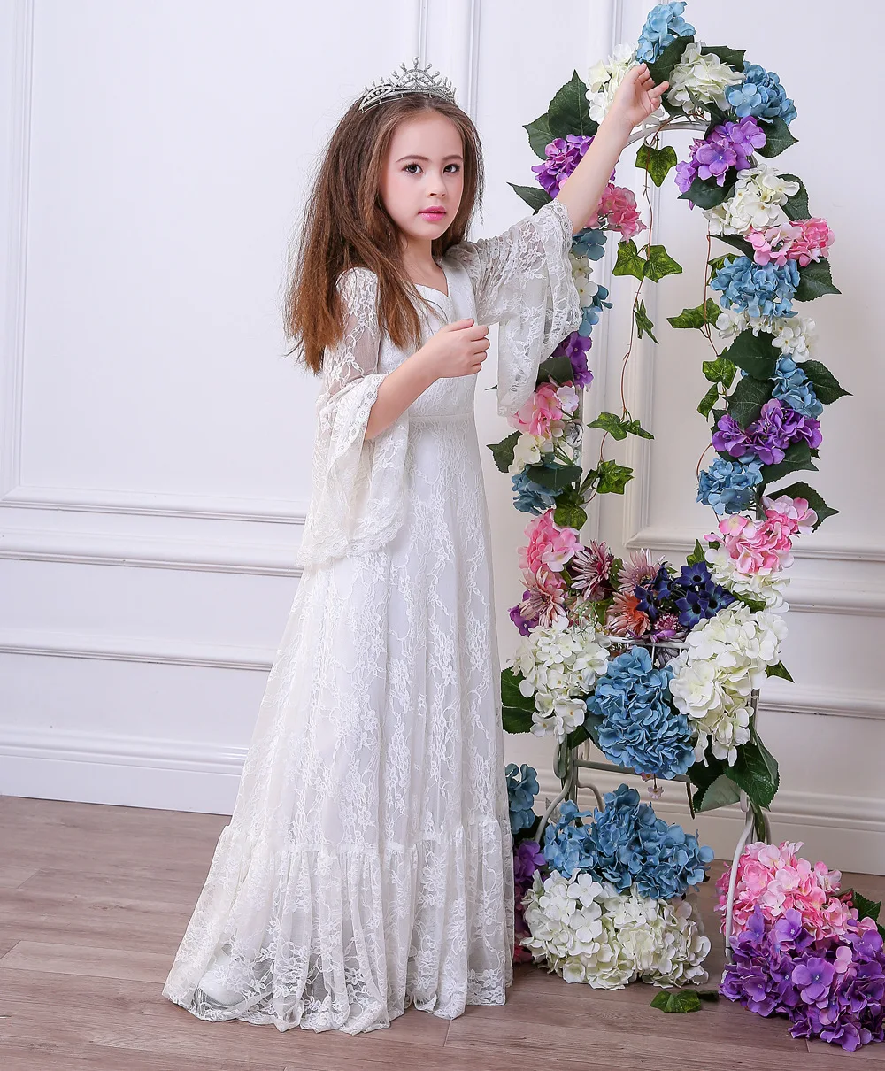 Vestidos blancos de primera comunión para niña, vestidos largos de encaje con manga larga y cuello en V para bodas y bebés