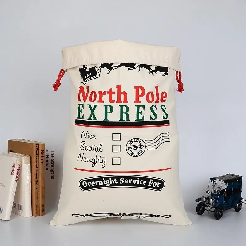 Extra Large Themed Drawstring Christmas Gift Bags Reusable Xmas Elements Printed Sacks for Holiday Present Wrapping Gifts